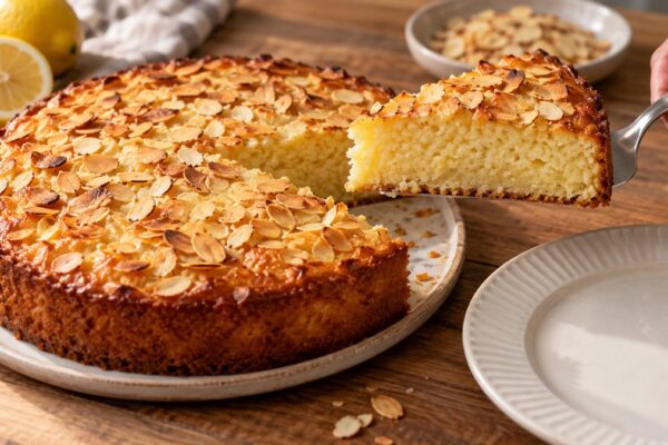 Zitronen-Ricotta-Kuchen mit Mandeln: Aktive Anrichte- oder Servierszene.