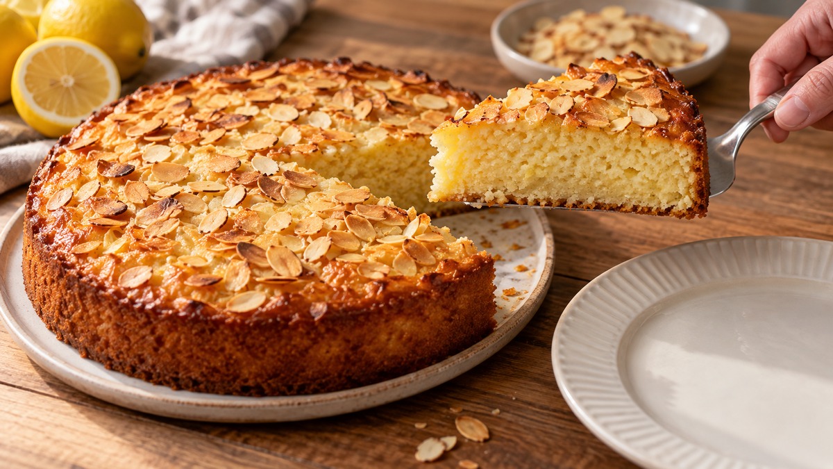 Zitronen-Ricotta-Kuchen mit Mandeln: Aktive Anrichte- oder Servierszene.