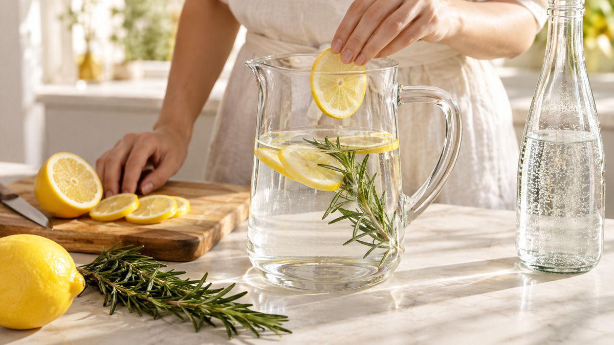 Zitronen-Rosmarin-Wasser: Verwendete Zutaten und nachvollziehbare Vorbereitung.