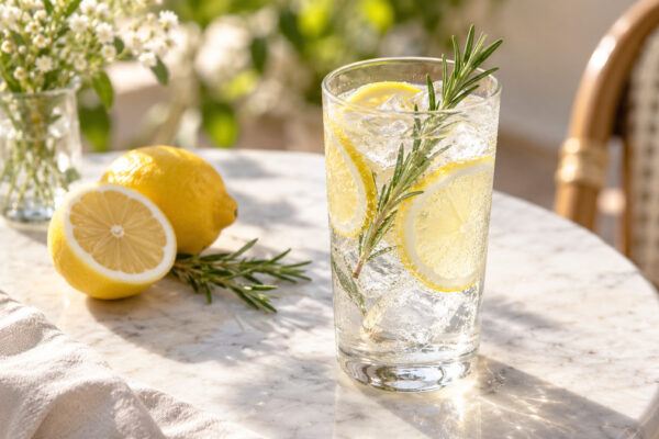 Zitronen-Rosmarin-Wasser: Fertiges Getränk aus einer alternativen Perspektive.