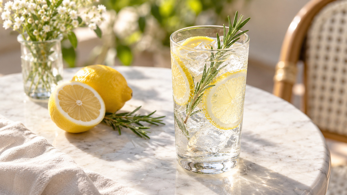 Zitronen-Rosmarin-Wasser: Fertiges Getränk aus einer alternativen Perspektive.