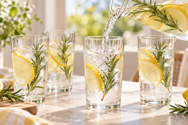 Zitronen-Rosmarin-Wasser: Alternative Anrichtung oder aktive Servierszene.
