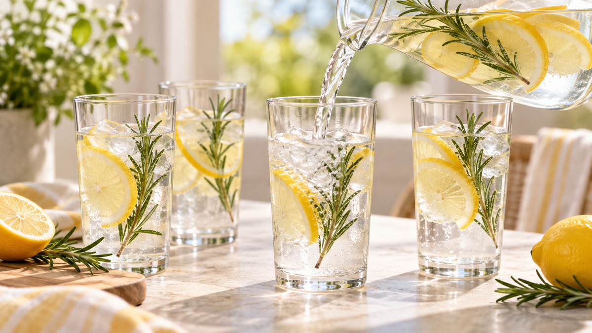 Zitronen-Rosmarin-Wasser: Alternative Anrichtung oder aktive Servierszene.