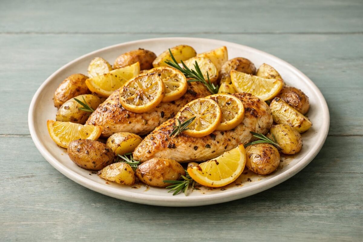 Hauptansicht des fertigen Gerichts. Rezept: Zitronenhähnchen mit Ofenkartoffeln