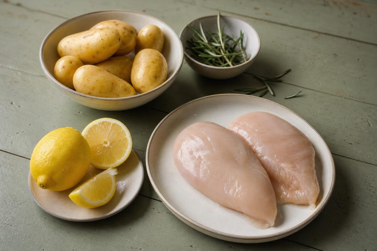 Zutaten- und Vorbereitungsansicht. Rezept: Zitronenhähnchen mit Ofenkartoffeln