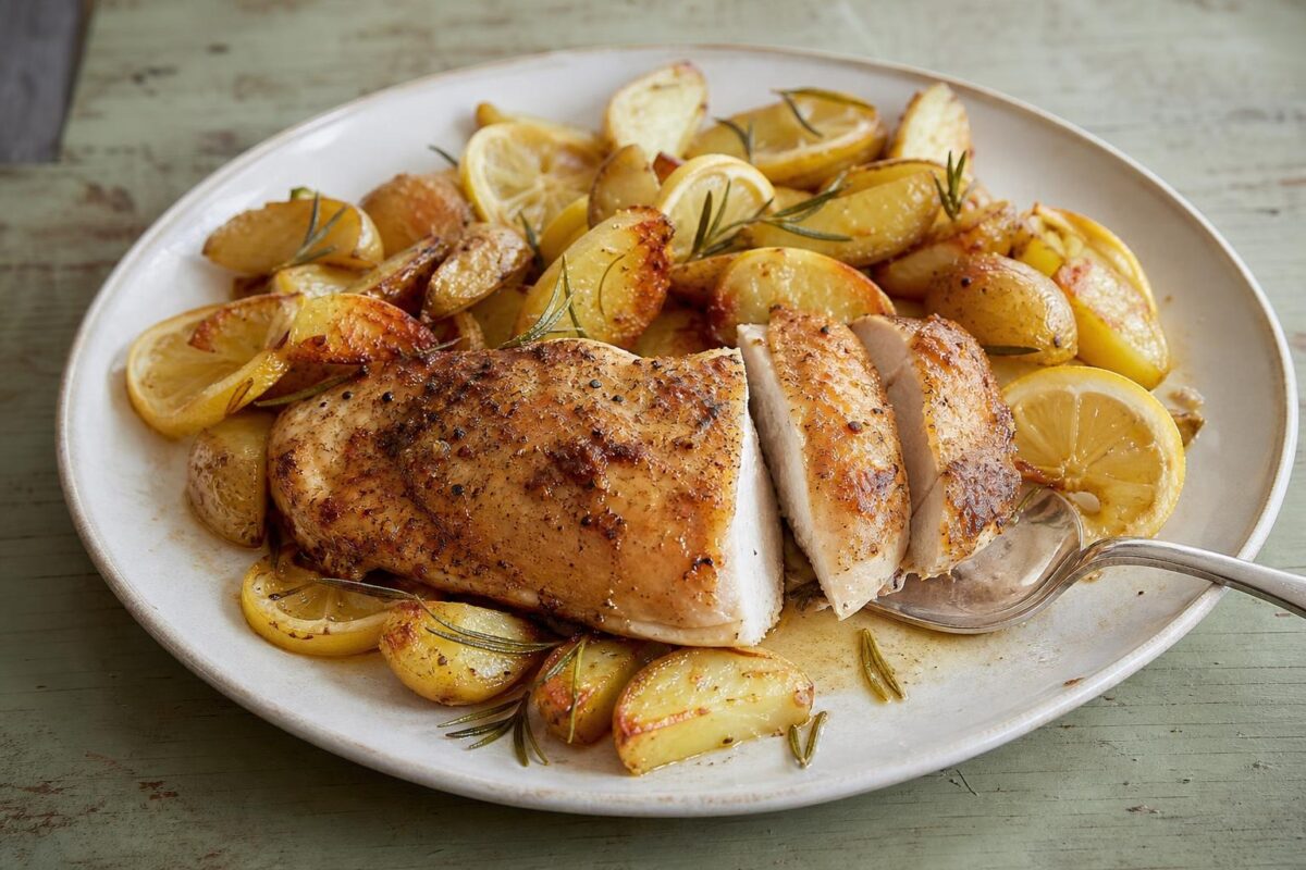 Servierszene mit dem fertigen Gericht. Rezept: Zitronenhähnchen mit Ofenkartoffeln