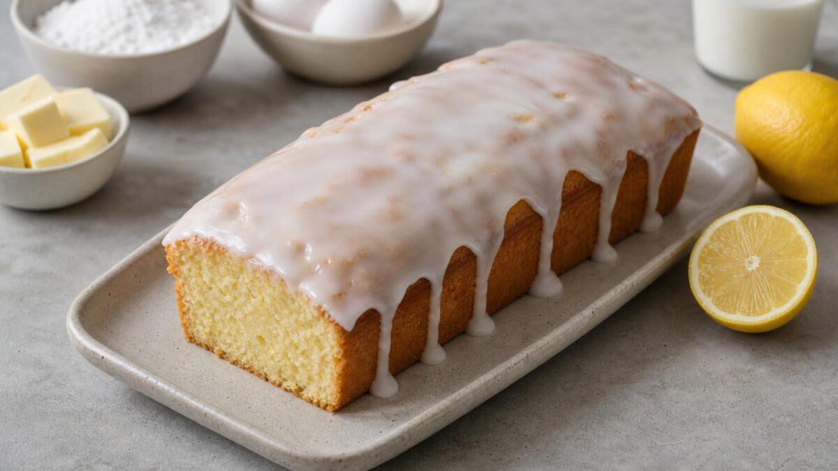 Hauptansicht des fertigen Gerichts. Rezept: Zitronenkuchen mit Zuckerguss