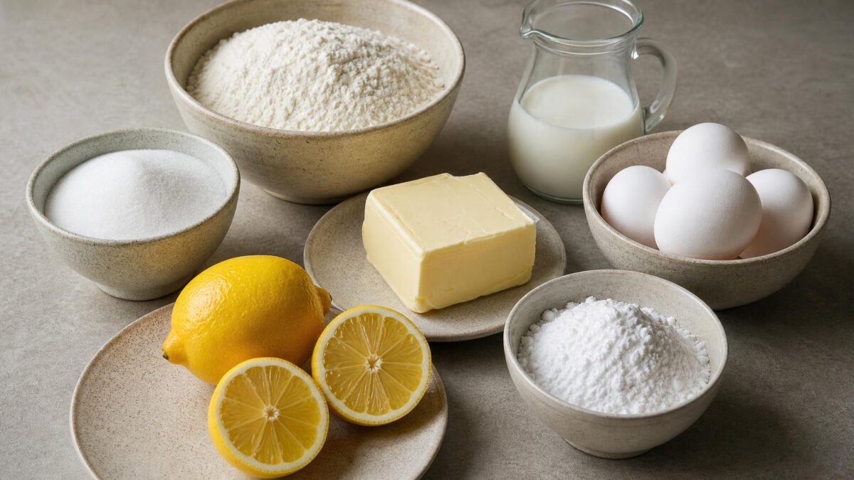 Zutaten- und Vorbereitungsansicht. Rezept: Zitronenkuchen mit Zuckerguss