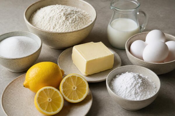 Zutaten- und Vorbereitungsansicht. Rezept: Zitronenkuchen mit Zuckerguss