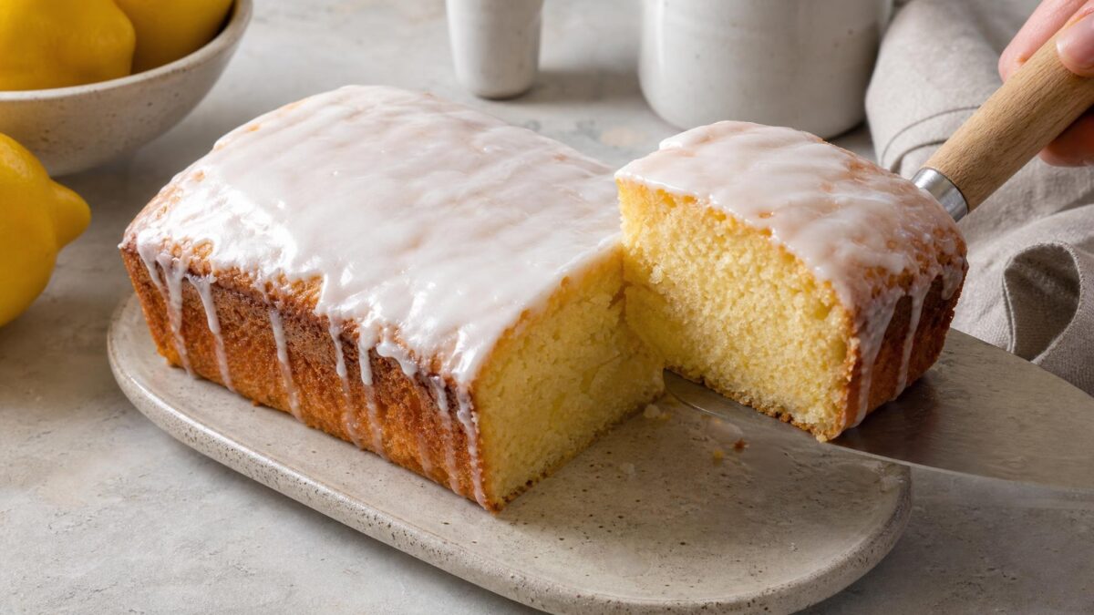 Servierszene mit dem fertigen Gericht. Rezept: Zitronenkuchen mit Zuckerguss