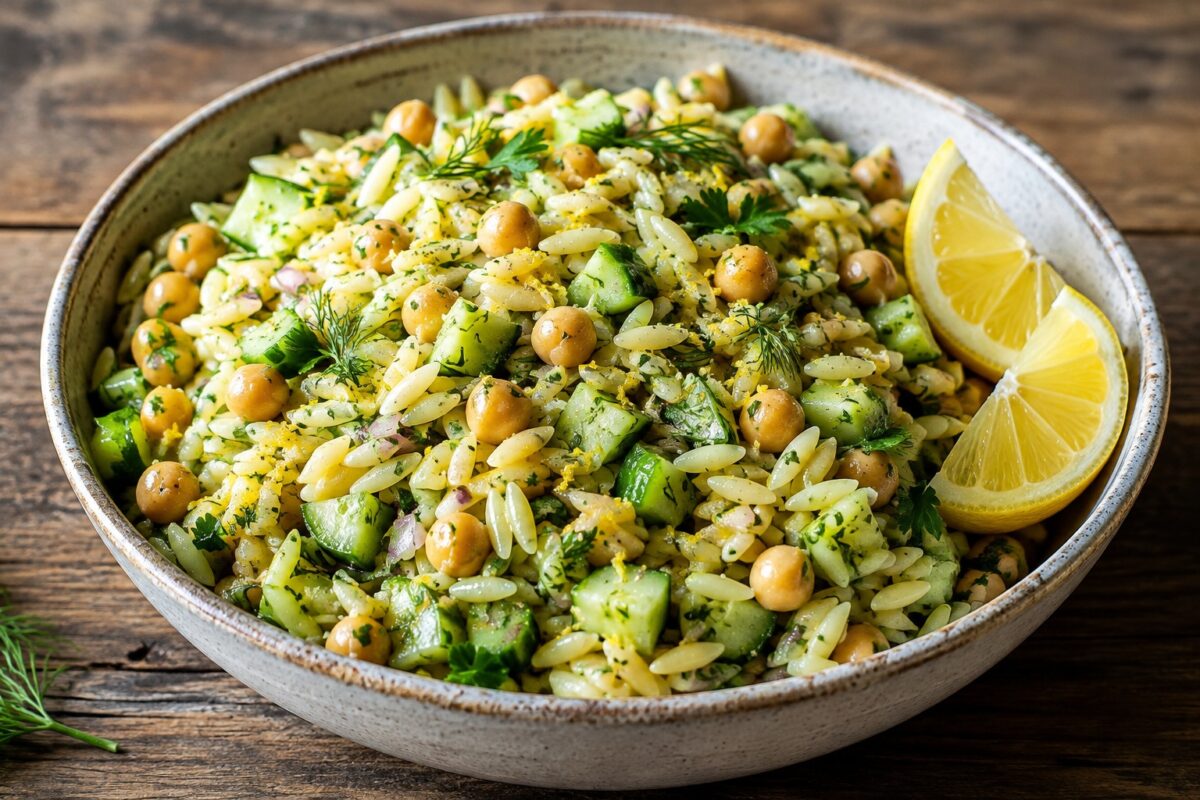 Große Keramikschale mit Orzo, deutlich sichtbaren Kichererbsen, Gurkenwürfeln, Dill, Petersilie und Zitronenspalten.