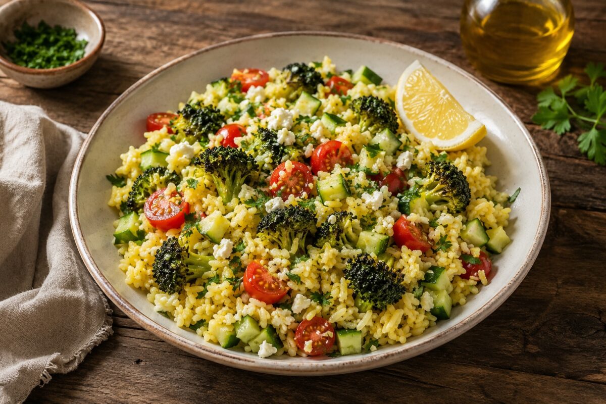 Große flache Keramikschale mit gelbem Reis, gerösteten Brokkoliröschen, Gurkenwürfeln, halbierten Kirschtomaten, Feta und Zitronenspalte.