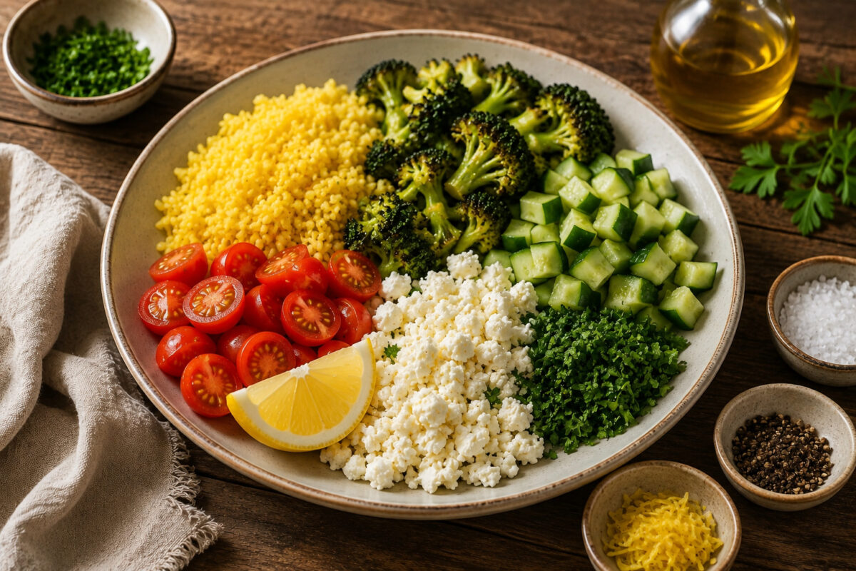 Zutaten- und Vorbereitungsansicht mit der hellen flachen Keramikschale und den wichtigsten Zutaten des Rezepts: gelber gekochter Reis, geröstete Brokkoliröschen, Gurkenwürfel, halbierte Kirschtomaten, zerbröselter Feta, gehackte Petersilie, Zitronenspalt…