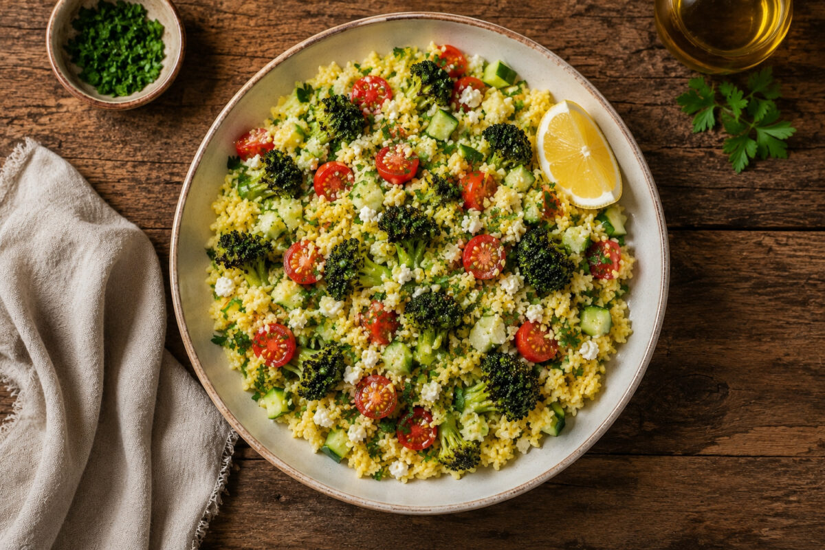 Draufsicht auf den fertigen zitronigen Reis-Brokkoli-Salat in derselben großen flachen Keramikschale; die Schale bleibt vollständig sichtbar, mit gelbem Reis, gerösteten Brokkoliröschen, Gurkenwürfeln, Kirschtomaten, Feta und Zitronenspalte.