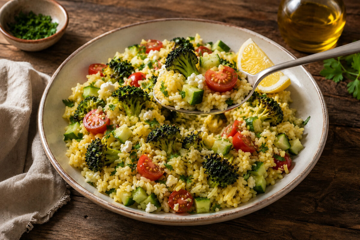 Serviersituation mit einer Löffelportion aus derselben hellen flachen Keramikschale; ein neutraler Löffel hebt Reis, Brokkoli, Gurke, Kirschtomate und Feta aus dem Salat.