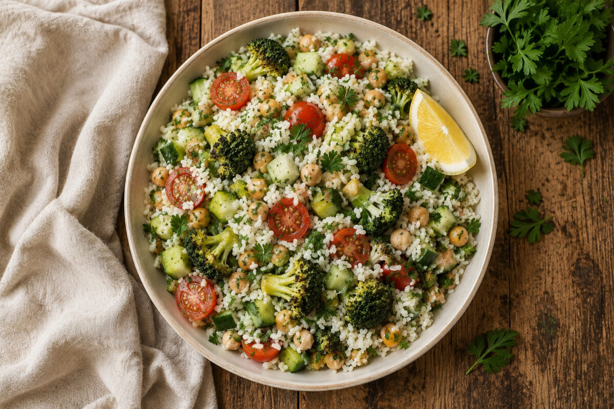Draufsicht auf den fertigen zitronigen Reis-Brokkoli-Salat mit Kichererbsen in derselben großen flachen hellen Keramikschale; Reis, geröstete Brokkoliröschen, Kichererbsen, Gurkenwürfel, Kirschtomaten und Zitronenspalte bleiben vollständig sichtbar.