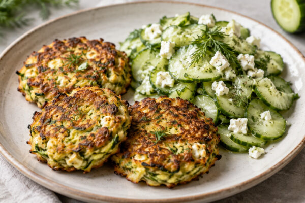 Zucchini-Feta-Puffer mit Gurkensalat