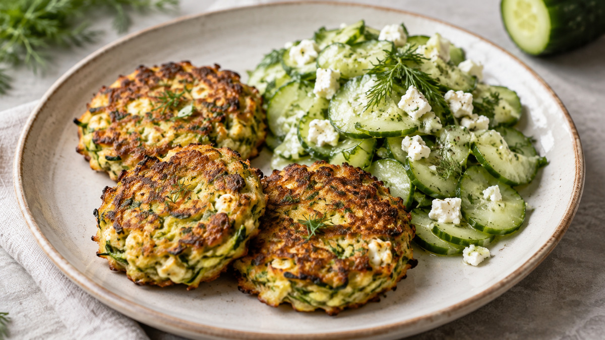 Zucchini-Feta-Puffer mit Gurkensalat