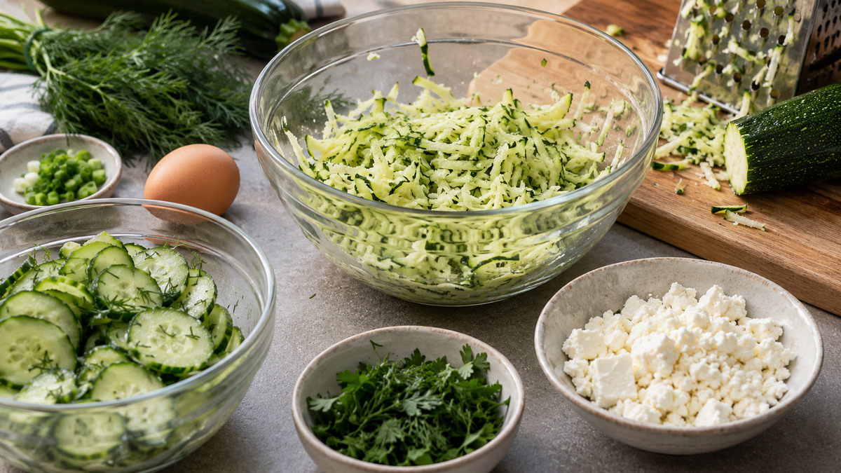 Zucchini-Feta-Puffer mit Gurkensalat
