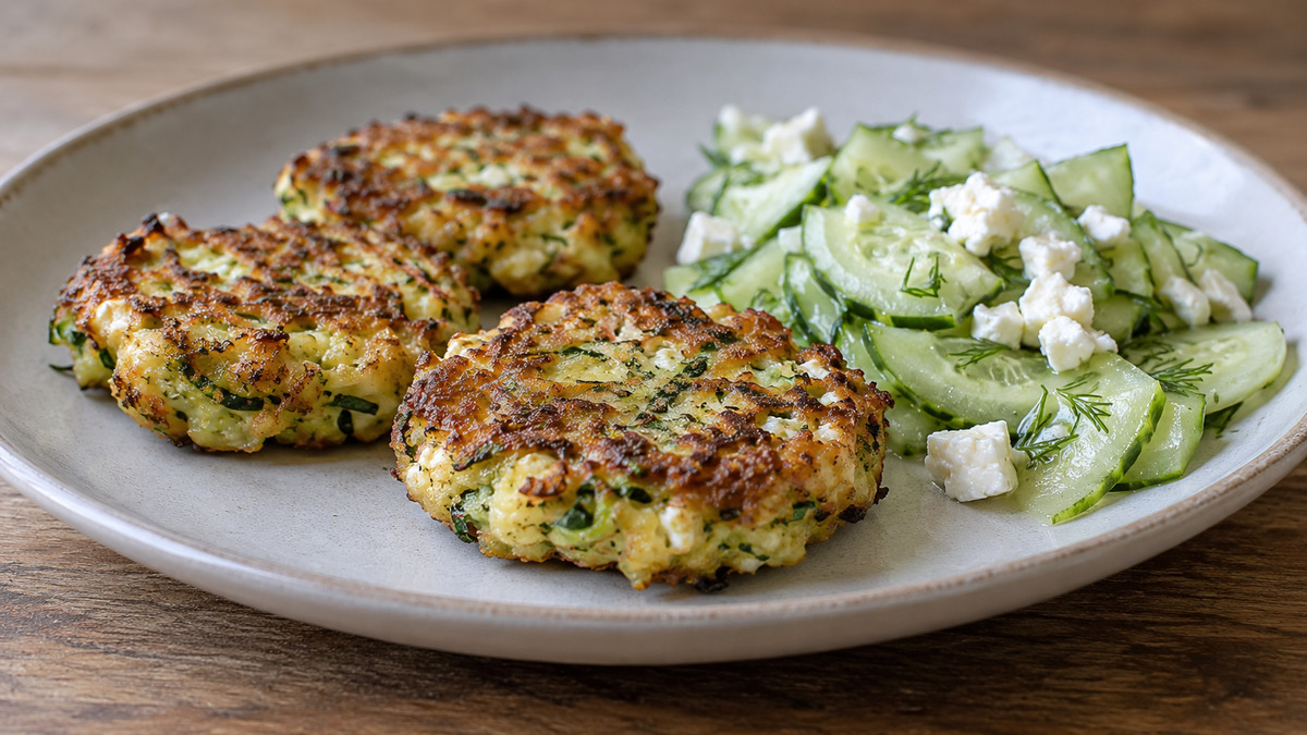 Zucchini-Feta-Puffer mit Gurkensalat