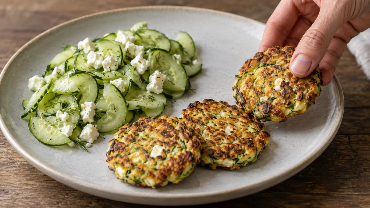 Zucchini-Feta-Puffer mit Gurkensalat