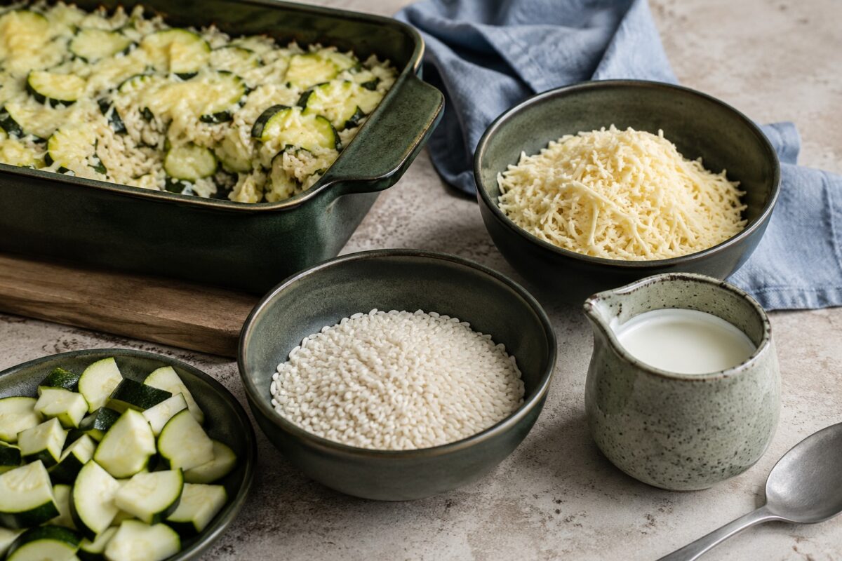 Zutaten- und Vorbereitungsansicht. Rezept: Zucchini-Reis-Auflauf mit laktosefreiem Käse