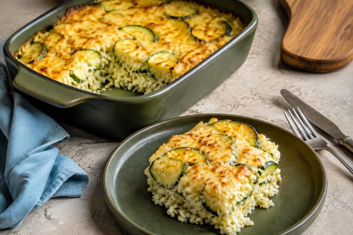 Servierszene mit dem fertigen Gericht. Rezept: Zucchini-Reis-Auflauf mit laktosefreiem Käse