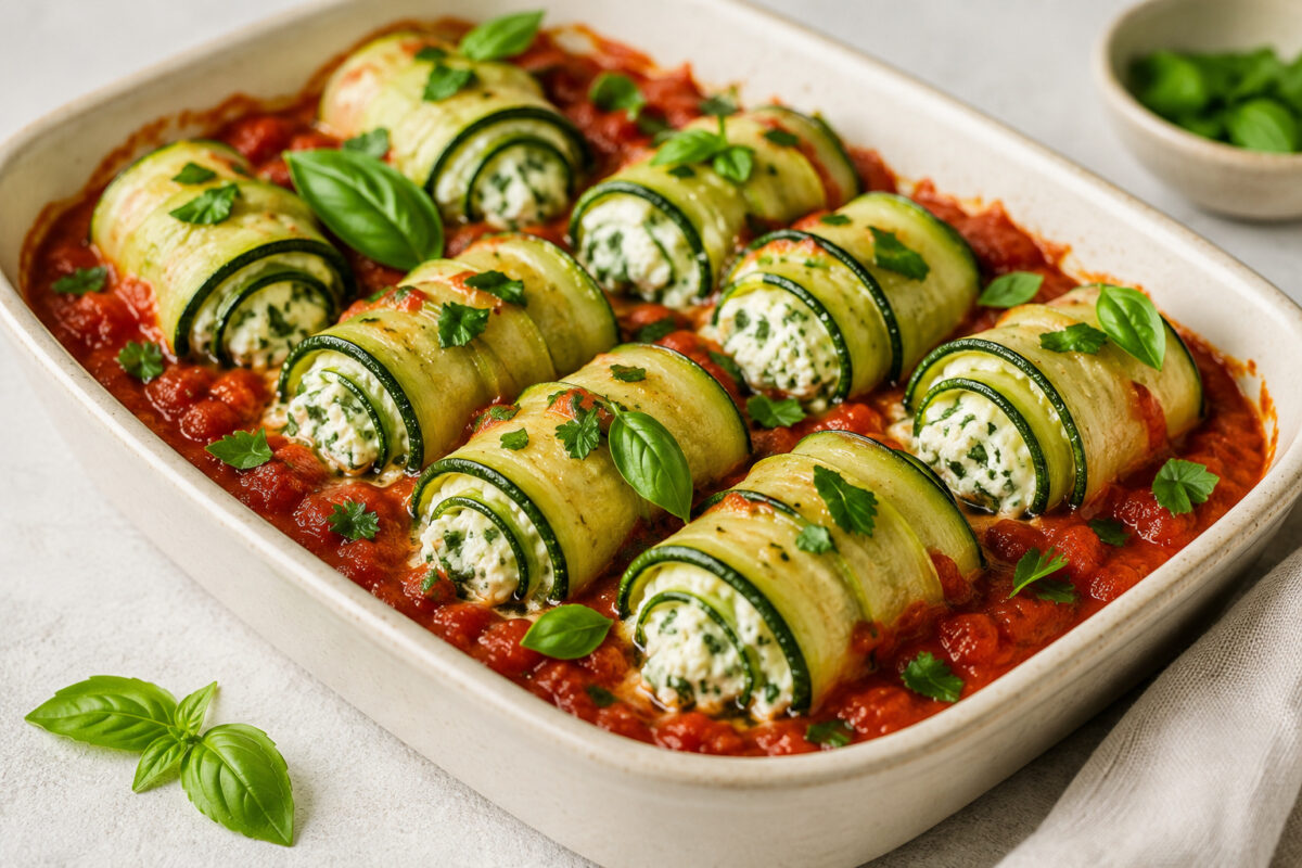 Fertige Zucchini-Ricotta-Röllchen in Tomatensauce, Hauptansicht in heller Keramikform.