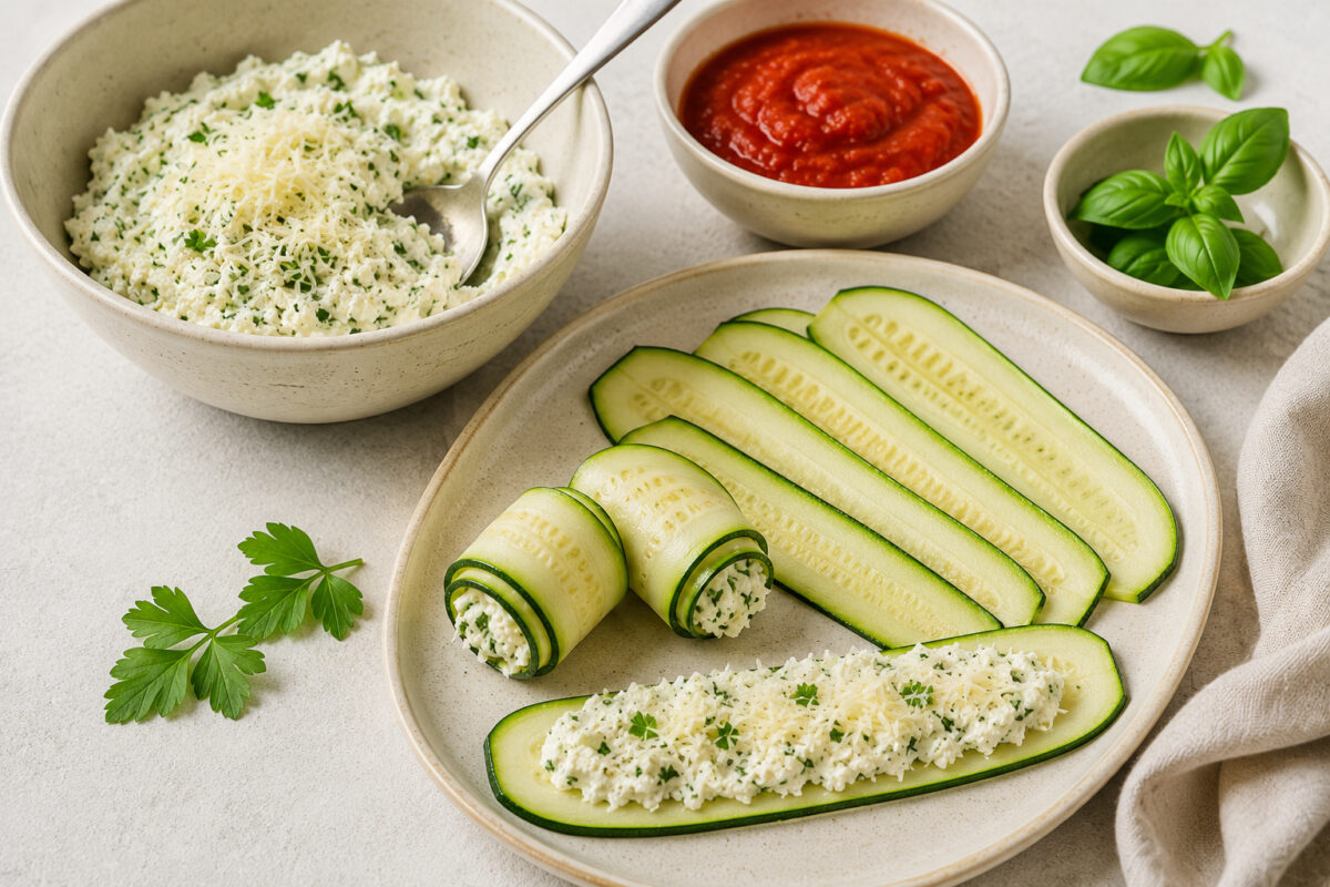 Zutaten- und Vorbereitungsansicht mit Zucchinistreifen, Ricotta-Kräuter-Füllung und Tomatensauce.