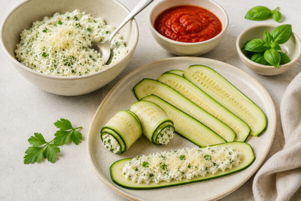 Zutaten- und Vorbereitungsansicht mit Zucchinistreifen, Ricotta-Kräuter-Füllung und Tomatensauce.