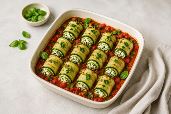 Fertige Zucchini-Ricotta-Röllchen in Tomatensauce aus alternativer Perspektive.