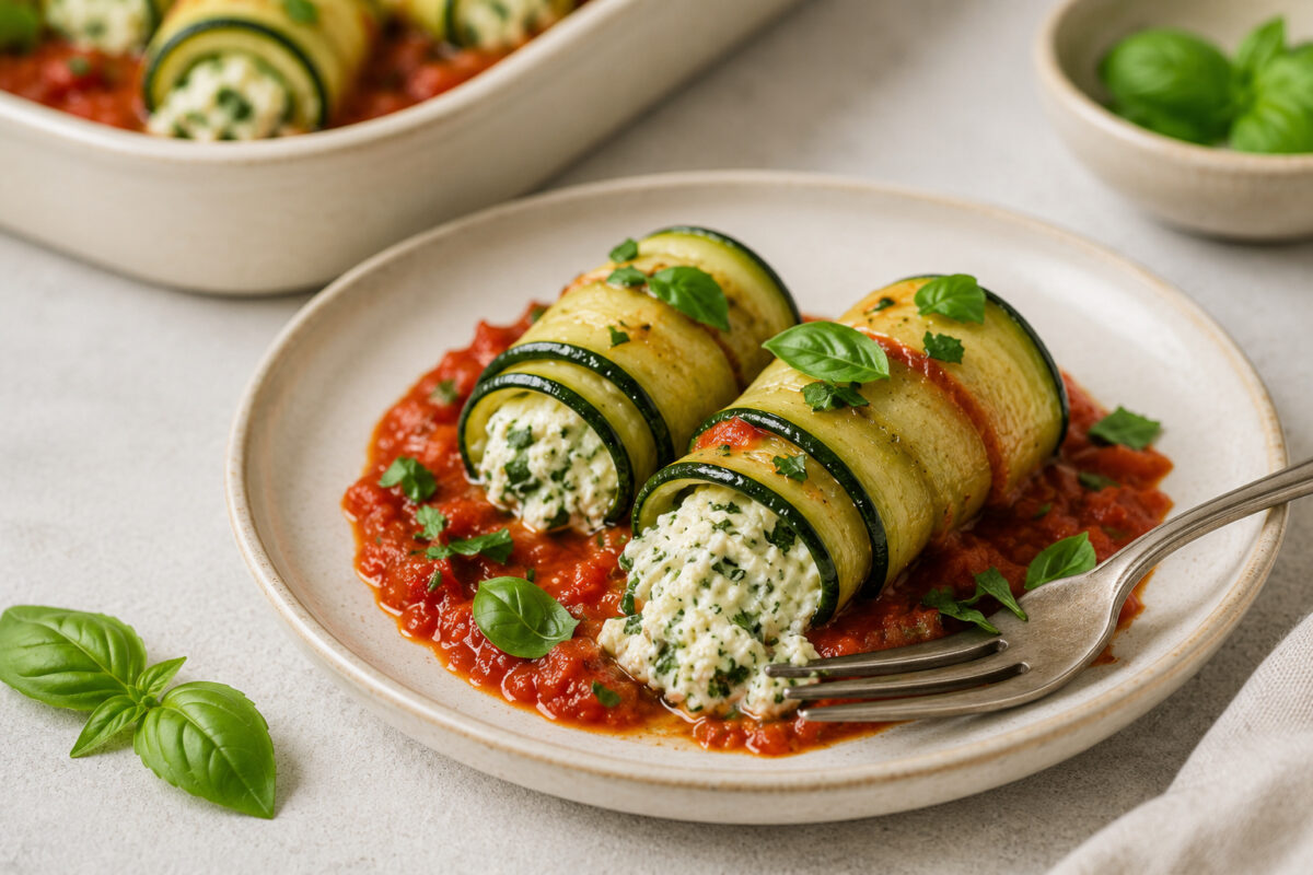 Servierszene mit einzelnen Zucchini-Ricotta-Röllchen, sichtbarer Ricotta-Kräuter-Füllung und Tomatensauce.