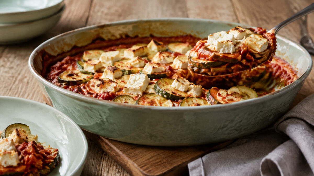 Servierszene mit dem fertigen Gericht. Rezept: Zucchini-Tomaten-Auflauf mit laktosefreiem Feta