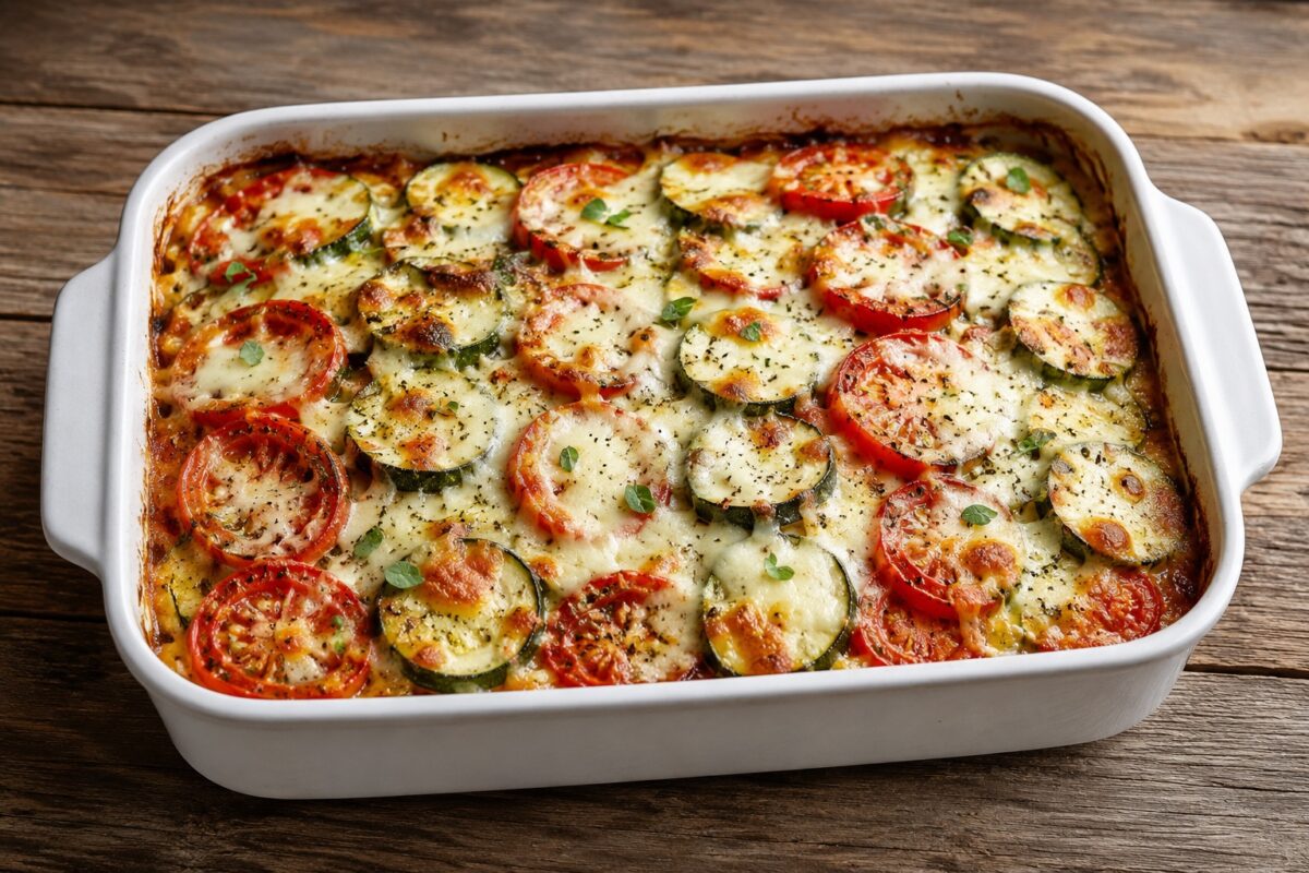 Weiße rechteckige Auflaufform mit sichtbaren Zucchini- und Tomatenscheiben unter goldbraun geschmolzenem Mozzarella.