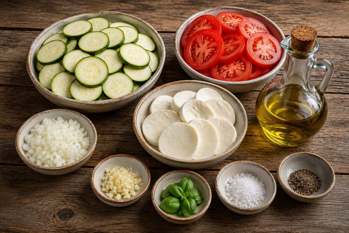 Zutaten- und Vorbereitungsansicht mit Zucchini, Tomaten, Mozzarella, Zwiebel, Knoblauch, Olivenöl, Basilikum, Salz und Pfeffer.