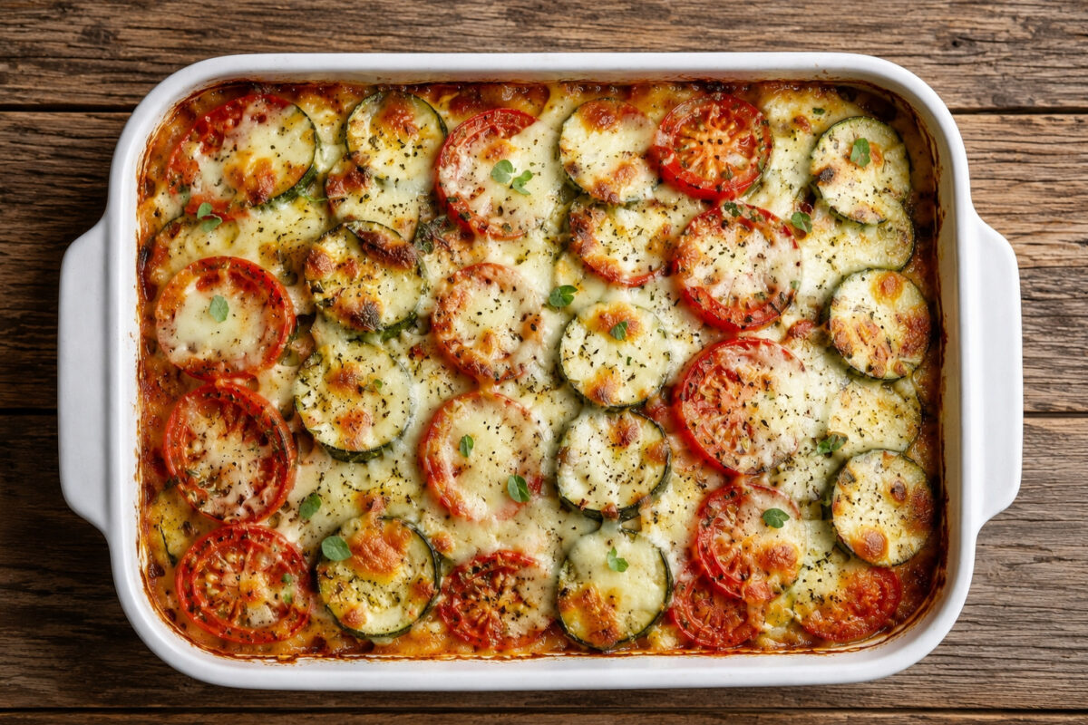 Draufsicht auf den fertig gebackenen Zucchini-Tomaten-Auflauf mit goldbraun geschmolzenem Mozzarella in der weißen Auflaufform.
