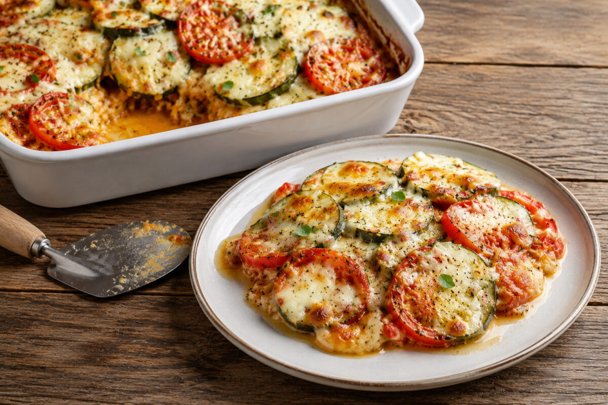 Servierszene mit einer entnommenen Portion des fertigen Zucchini-Tomaten-Auflaufs vor der weißen Auflaufform.