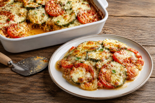 Servierszene mit einer entnommenen Portion des fertigen Zucchini-Tomaten-Auflaufs vor der weißen Auflaufform.