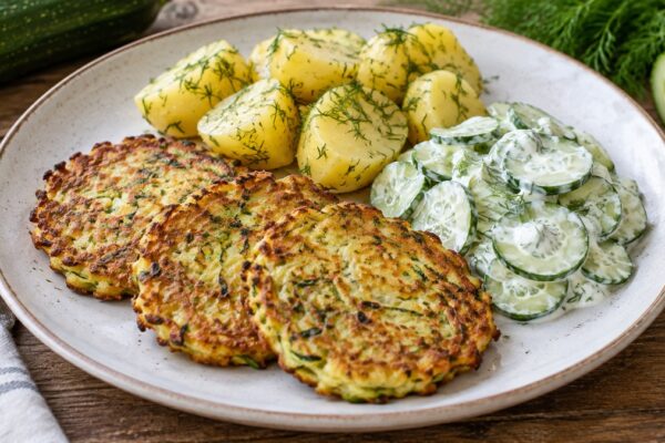 Zucchinipuffer mit Dillkartoffeln und Gurkensalat: Fertiges Gericht als Hauptmotiv.