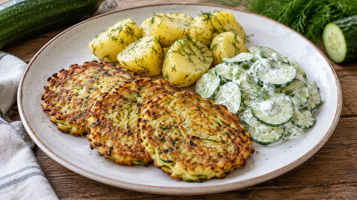 Zucchinipuffer mit Dillkartoffeln und Gurkensalat: Fertiges Gericht als Hauptmotiv.