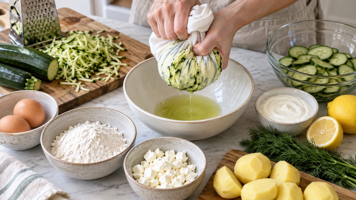 Zucchinipuffer mit Dillkartoffeln und Gurkensalat: Zutaten und realer Vorbereitungsschritt.