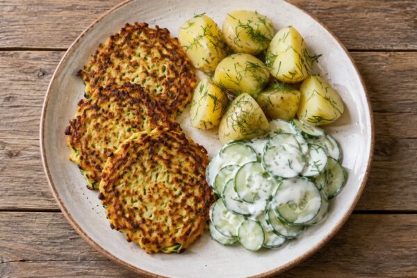 Zucchinipuffer mit Dillkartoffeln und Gurkensalat: Fertiges Gericht aus anderer Perspektive.
