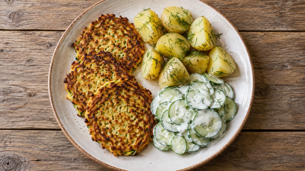 Zucchinipuffer mit Dillkartoffeln und Gurkensalat: Fertiges Gericht aus anderer Perspektive.