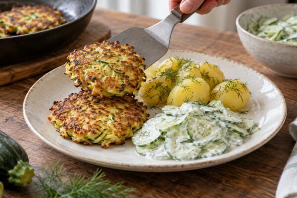 Zucchinipuffer mit Dillkartoffeln und Gurkensalat: Aktive Anrichte- oder Servierszene.