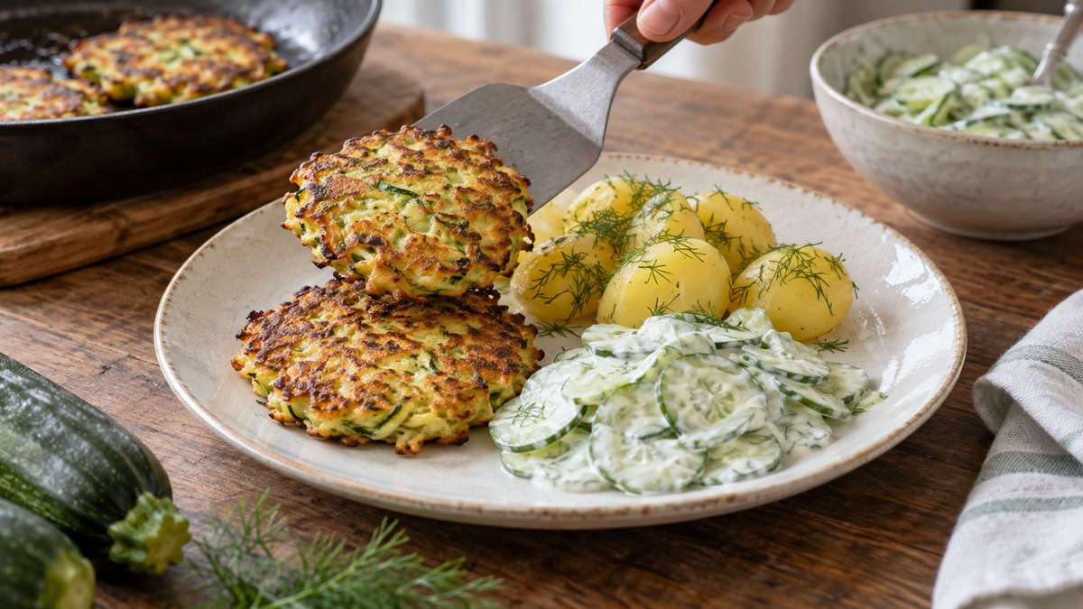 Zucchinipuffer mit Dillkartoffeln und Gurkensalat: Aktive Anrichte- oder Servierszene.