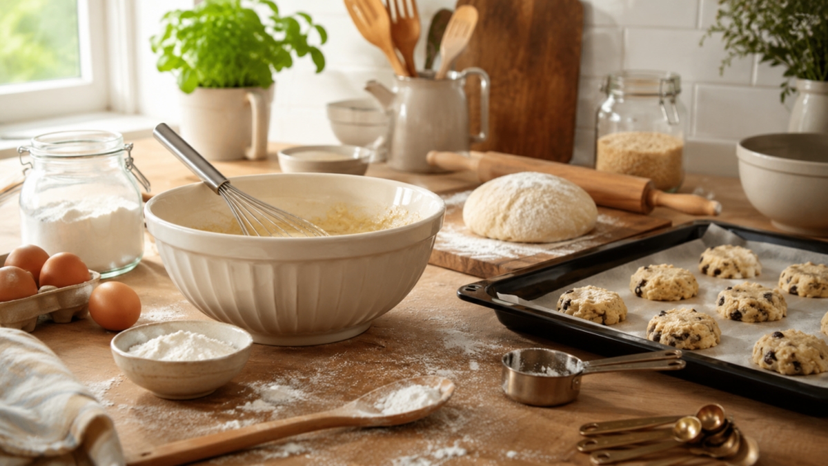 Backszene mit Teig, Schüssel und Backblech