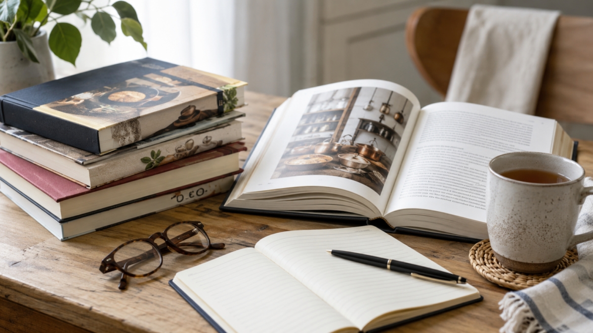 Bücher, offenes Nachschlagewerk und Notizbuch auf einem Tisch