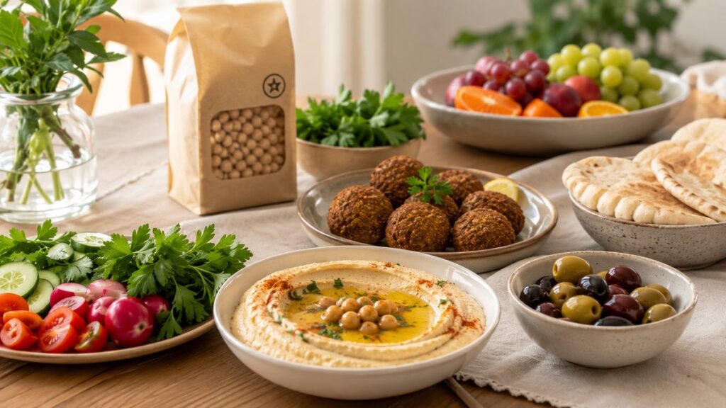 Parve Auswahl mit Hummus, Falafel, Gemüse und Fladenbrot