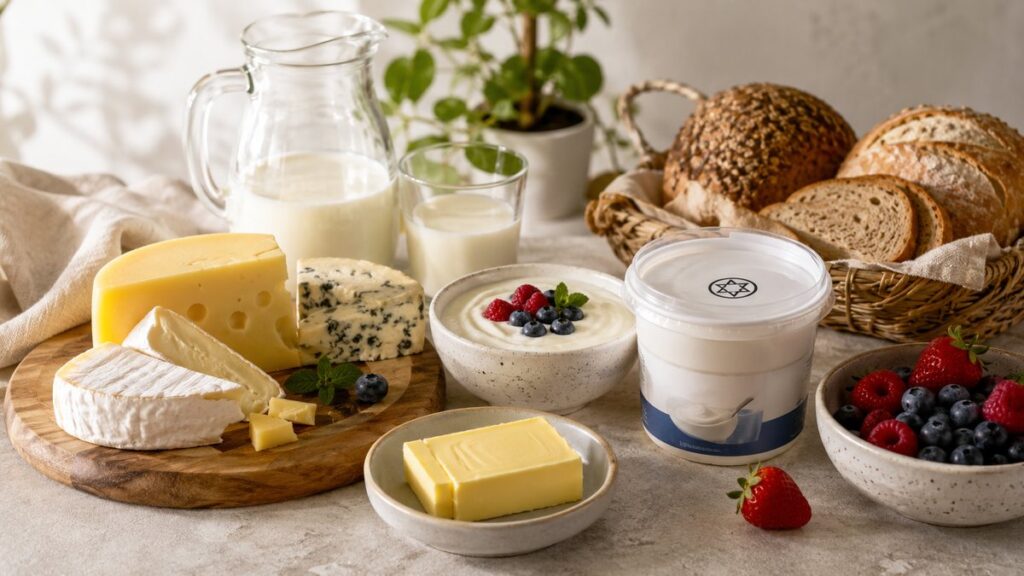 Milchige Lebensmittel mit Käse, Milch, Joghurt und Beeren