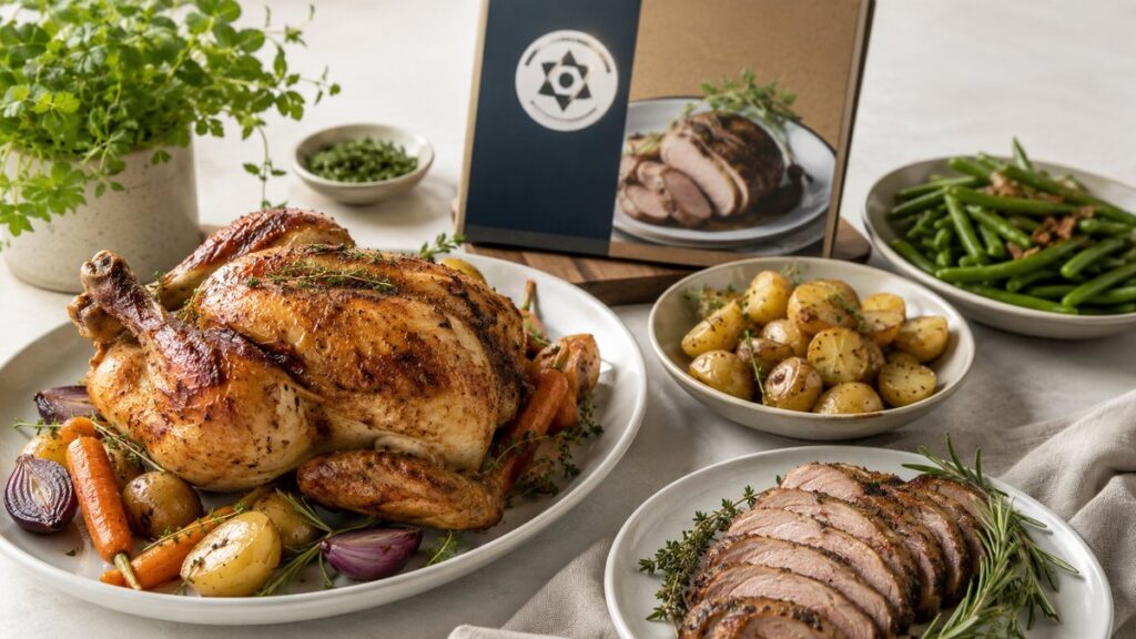 Fleischige Speisen mit Brathähnchen, Fleisch und Beilagen
